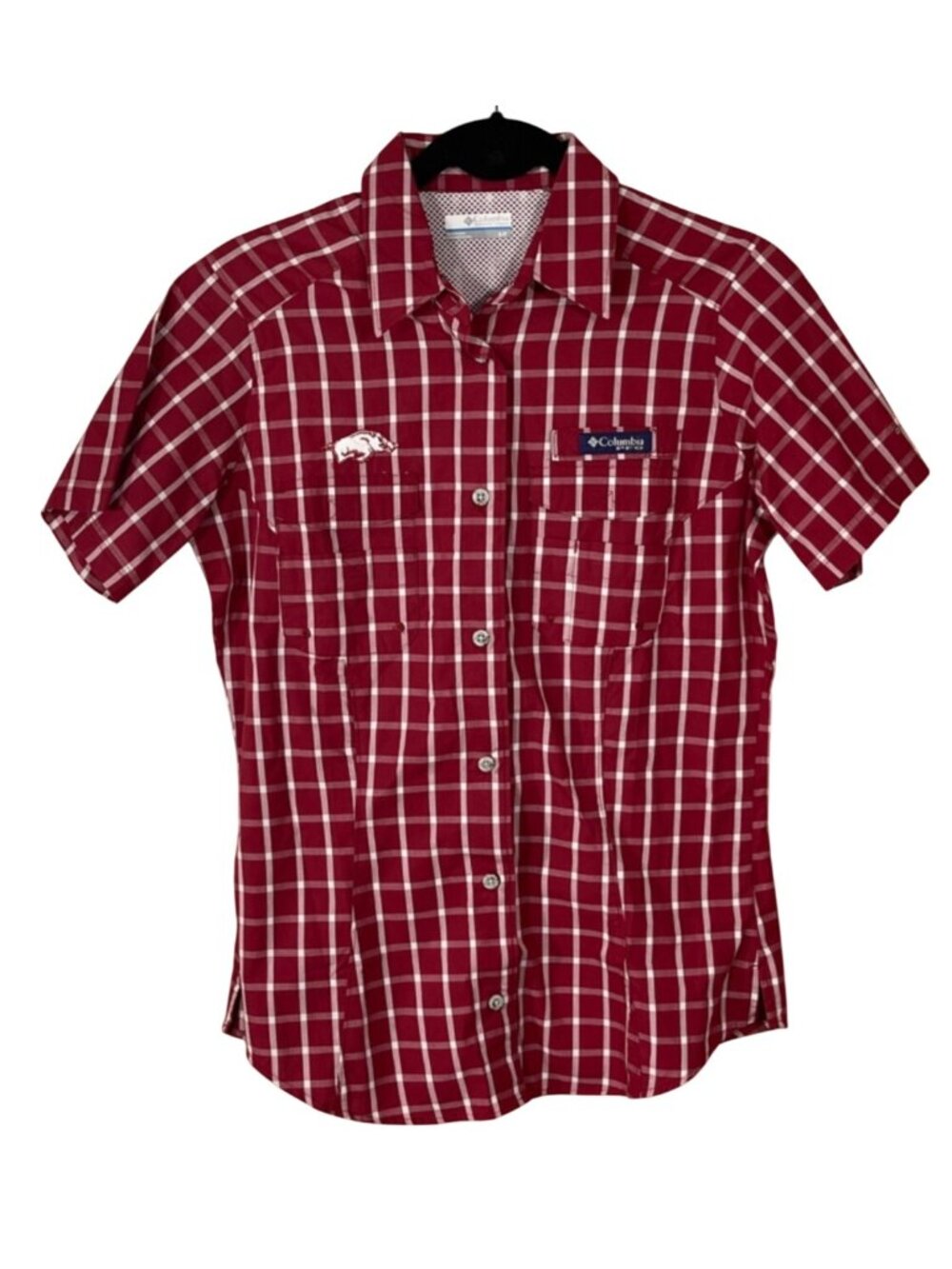 Columbia PFG Women's Shirt Razorback Size Small Red White Plaid Short Sleeve